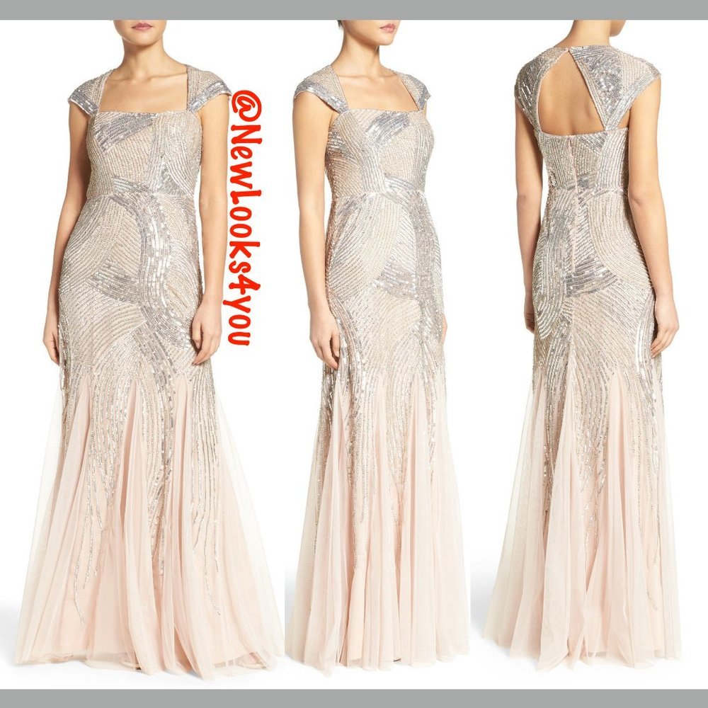 NEW Adrianna Papell Embellished Cap-Sleeve‎ Envelope Gown in Shell [SZ 4 ]